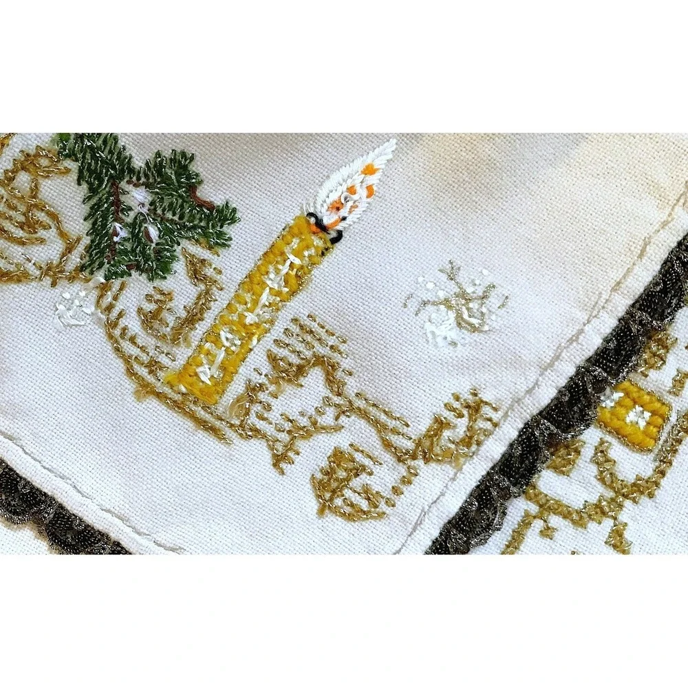 Holiday Xmas Candles Snowflakes Needlework Wool Runner Vtg / Antique 18x42